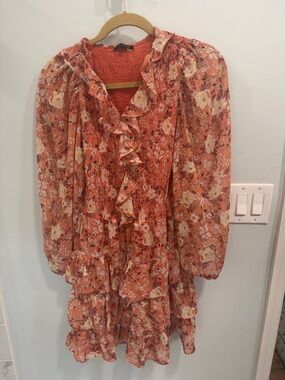 STATE Coral Floral Smocked Tiered Midi Dress